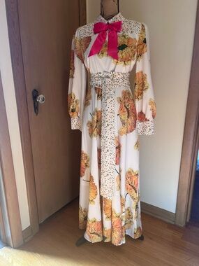 White Floral Long Sleeve Maxi Dress with Pink Bow